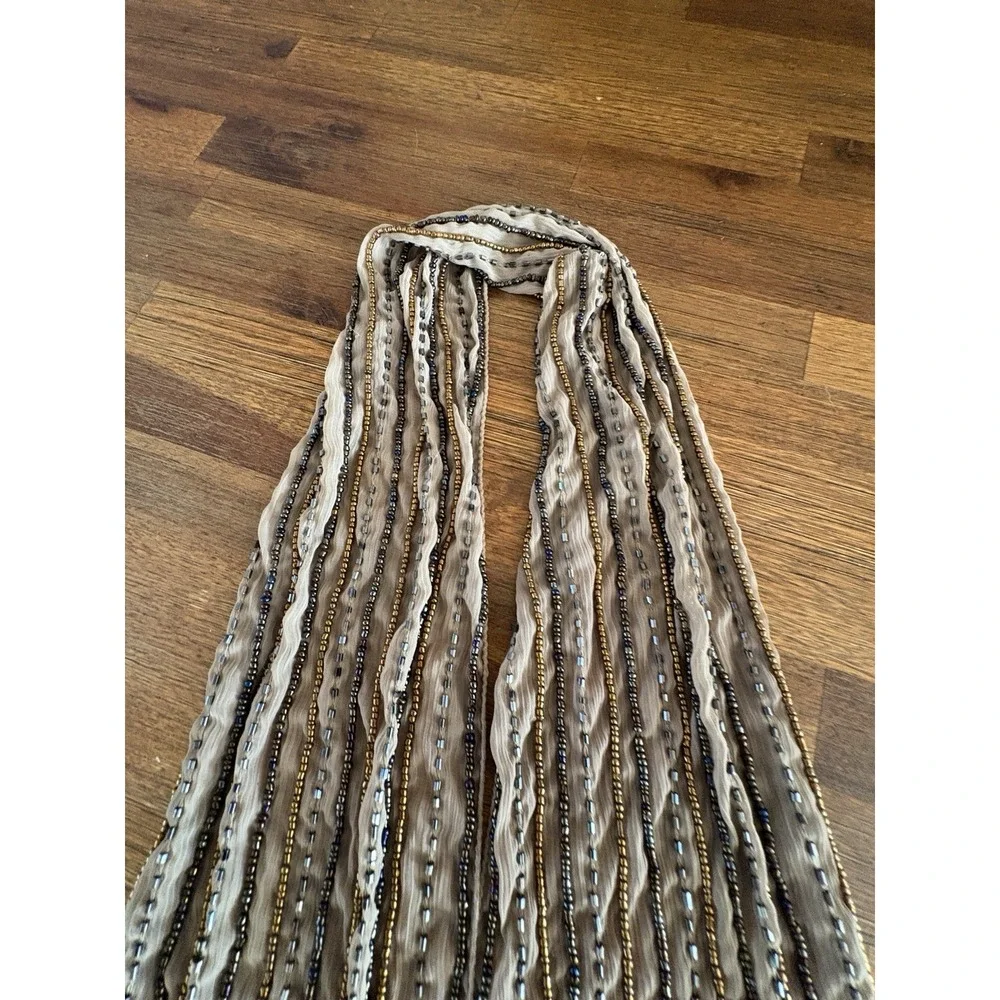 Two's Company Shear‎ Light Beige Beaded and Sequin Scarf Excellent Tags 56 X 5